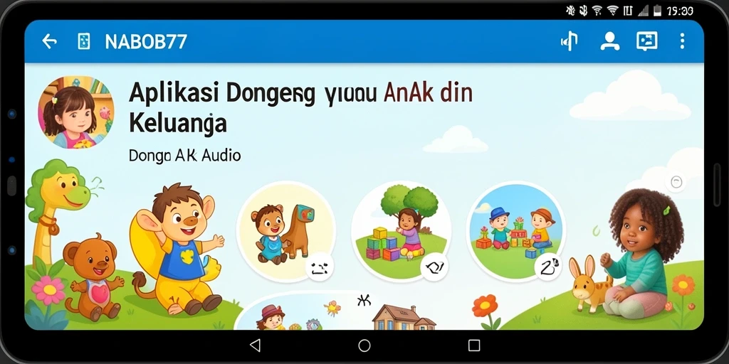 Tampilan antarmuka aplikasi Dongeng Audio NABOB77 yang menarik dan ramah anak.