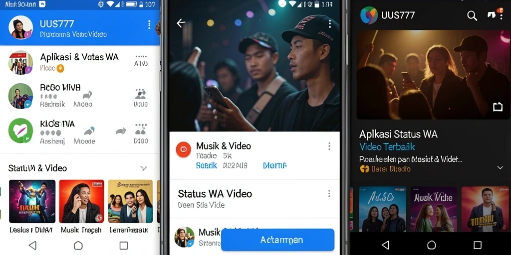 Tampilan antarmuka UUS777 dengan berbagai pilihan video musik untuk Status WA.